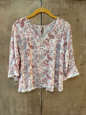 Crochet-Trim Paisley Tunic Top - Pink